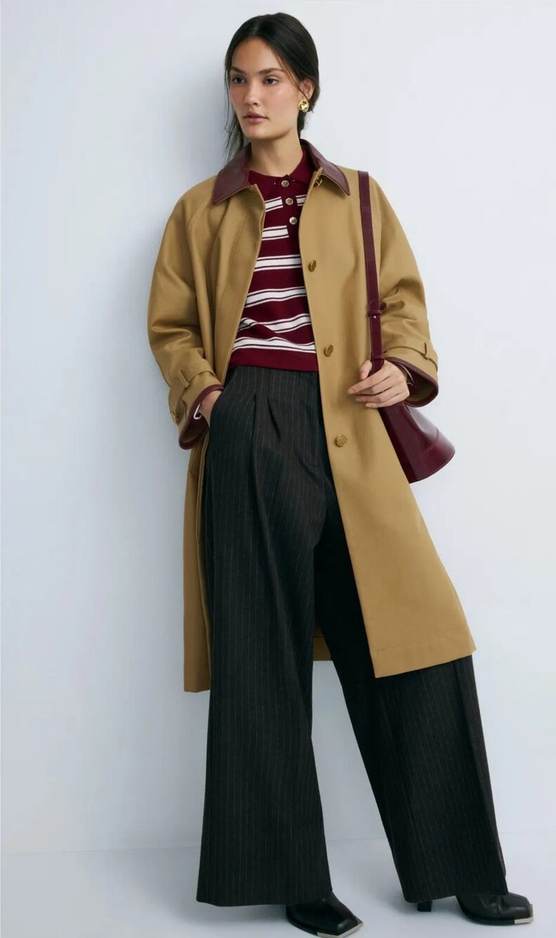 Sandro Joey Khaki Contrast Collar Trench Coat Women Size 8